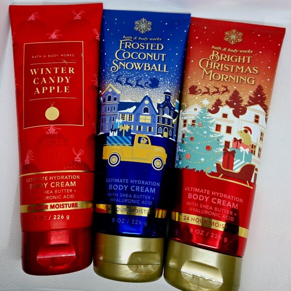 NWT BBW BODY CREAM BRIGHT CHRISTMAS MORNING, WINTER CANDY APPLE, FROSTED COCONUT - Picture 1 of 6